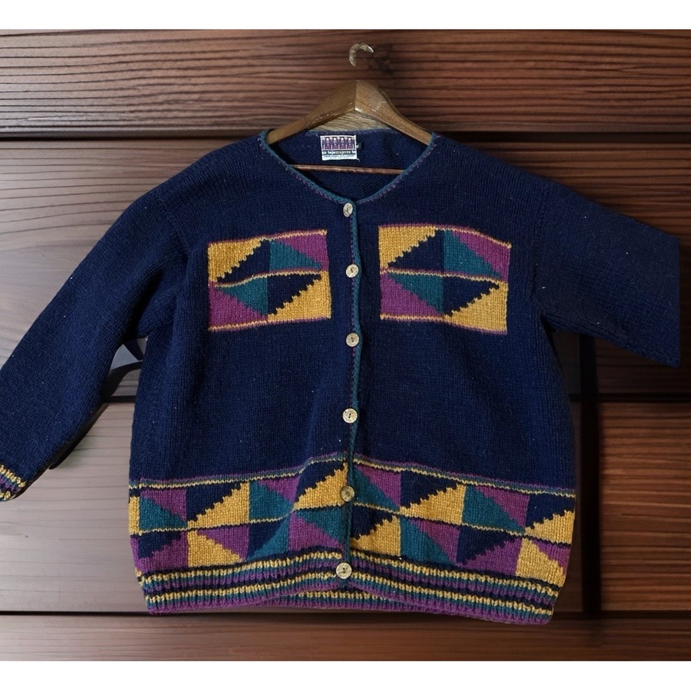 Vintage Ecuador Hand Knit Cardigan Sweater Women's Medium Aztec Geometric Button - Picture 4 of 8